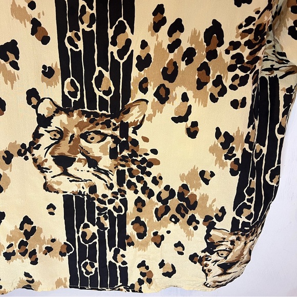 Vintage 90’s Tan Black Leopard Print Silk Short Sleeve Blouse Top Shirt - Picture 2 of 4